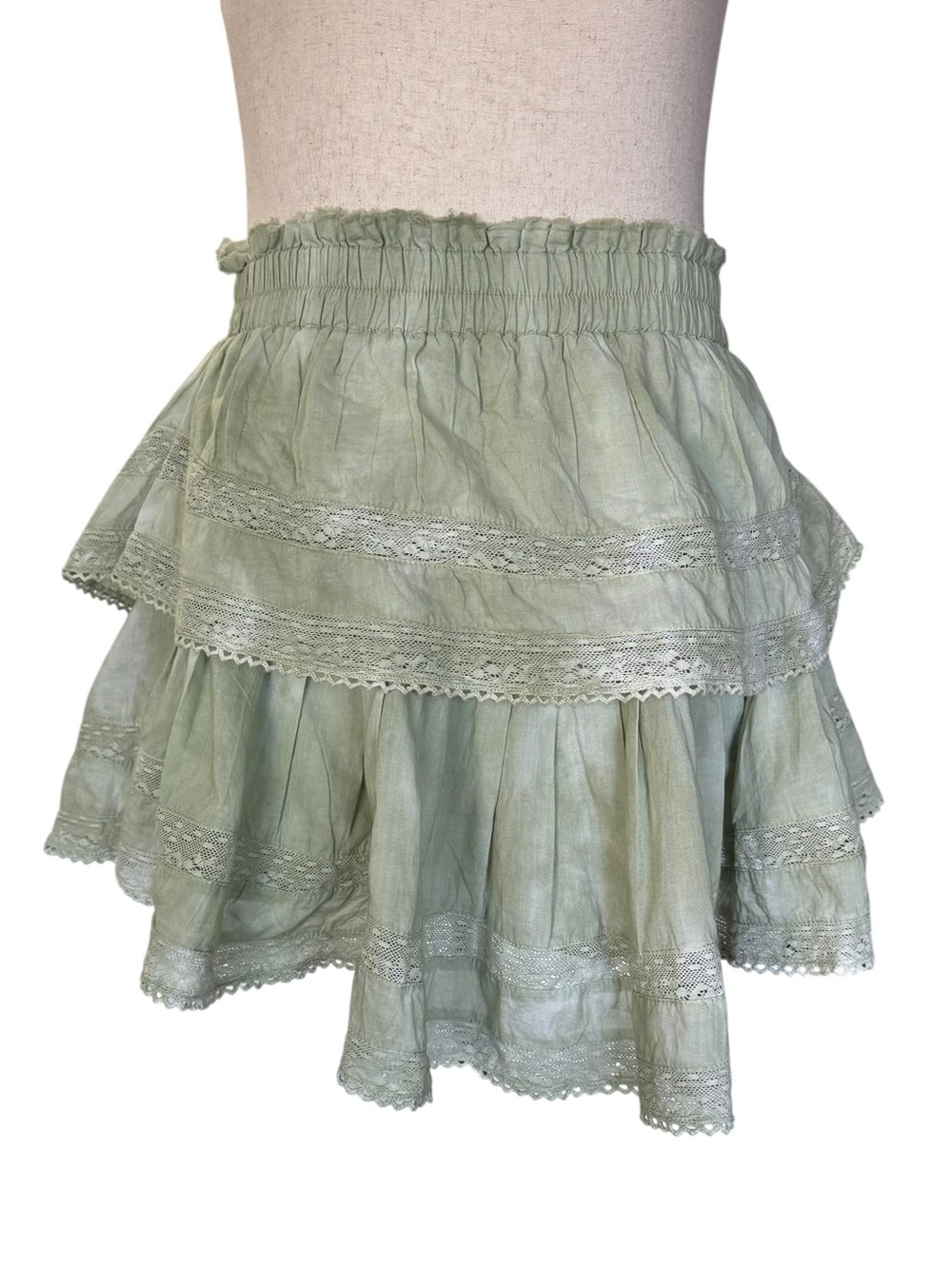 LoveShackFancy Tiered Ruffle Lace Mini Skirt in Moss Green Hand Dye S